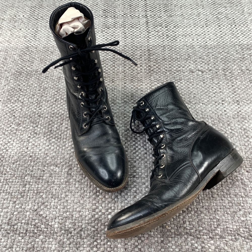Justin 506 Lace Up Roper Packer Boots Mens 10 B Black Leather Vintage USA